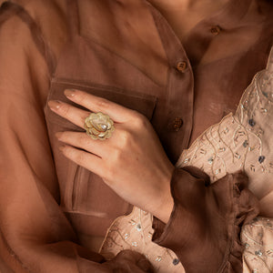 Gold coin cluster peacock ring with crystal