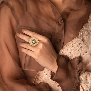 Gold coin pankha ring with crystal and pearl flower center