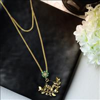 GOLD PLATED 2 LINE 3D THIN CHAIN NECKPIECE WITH EMERALDS AND SERRATE PENDANT