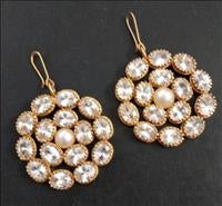 GOLD PLATED ROUND 2 LINE UNCUT CRYRSTAL & PEARL EARRING