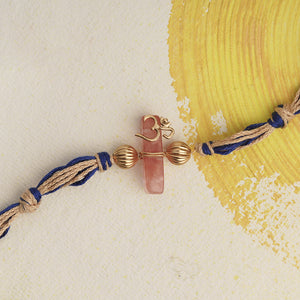 Pink Stone Gold Plated Om Rakhi with blue thread