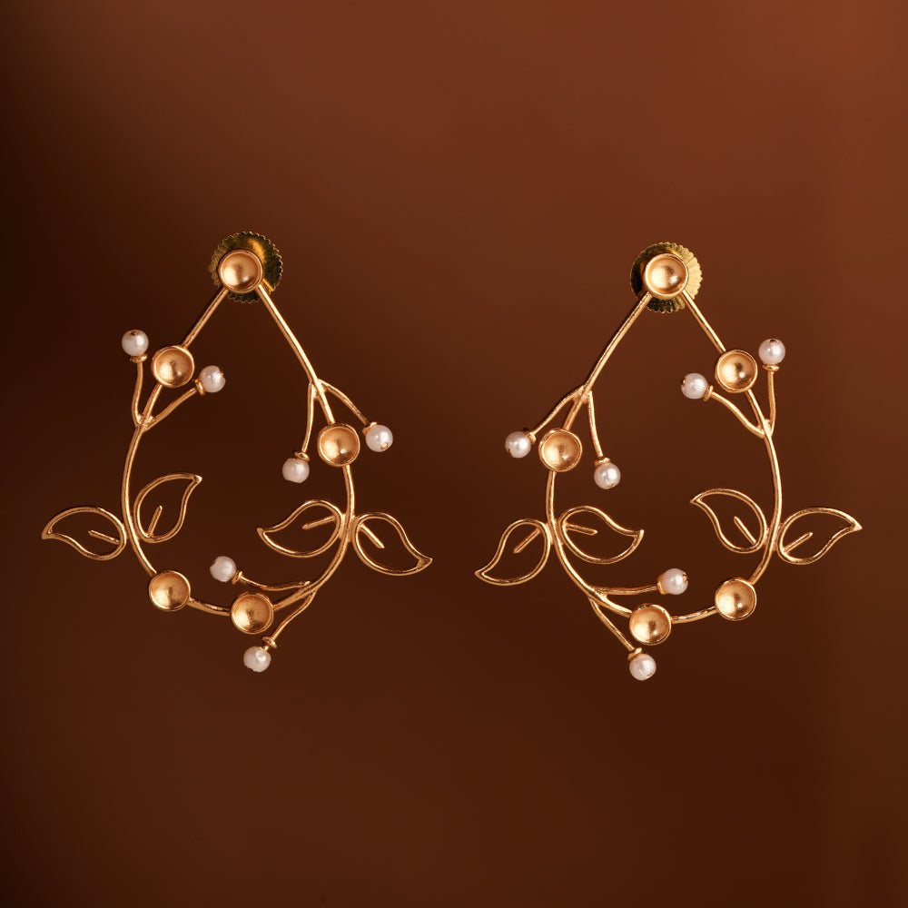 Fern Dynasty Gold Plated Drop Stud Earrings