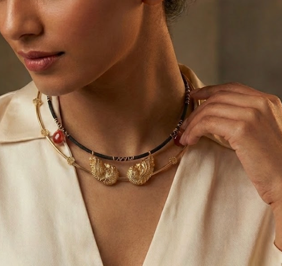 92.5 SILVER GOLD PLATED WIRE AND BLACK CORD NECKPIECE