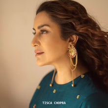 Load image into Gallery viewer, Gold chandra earrings with red crystals worn by Tisca Chopra
