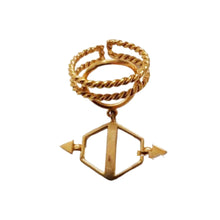 Load image into Gallery viewer, GOLD PLATED TWISTED WIRE RING WITH HEXGON AND DOUBLE ARROWS HANGING worn by Ramya Pasupuleti
