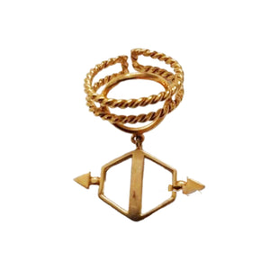 GOLD PLATED TWISTED WIRE RING WITH HEXGON AND DOUBLE ARROWS HANGING worn by Ramya Pasupuleti