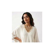 Load image into Gallery viewer, gold toned necklace with serrate and crystal embellishment
