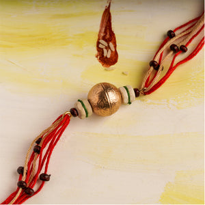 Luxury Metal Rakhi with Tulsi & Chandan Beads with jute tie up thread