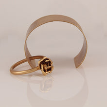 Load image into Gallery viewer, GOLD PLATED MINUTE CUFF WITH RING AND ROSE HANGING
