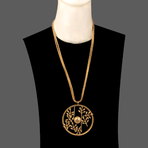 GOLD PLATED 2 LINE DORI CHAIN NECKPIECE WITH DENTED LEAVES AND CHAKRA ROUND PENDENT
