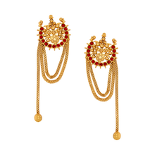 Load image into Gallery viewer, Gold chandra earrings with red crystals worn by Tisca Chopra
