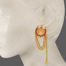 Load image into Gallery viewer, Gold chandra earrings with red crystals worn by Tisca Chopra
