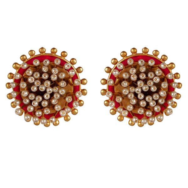 GOLD PLATED DOTTED ROUND EARRING WITH RED CORD AND WIRE PEARLS