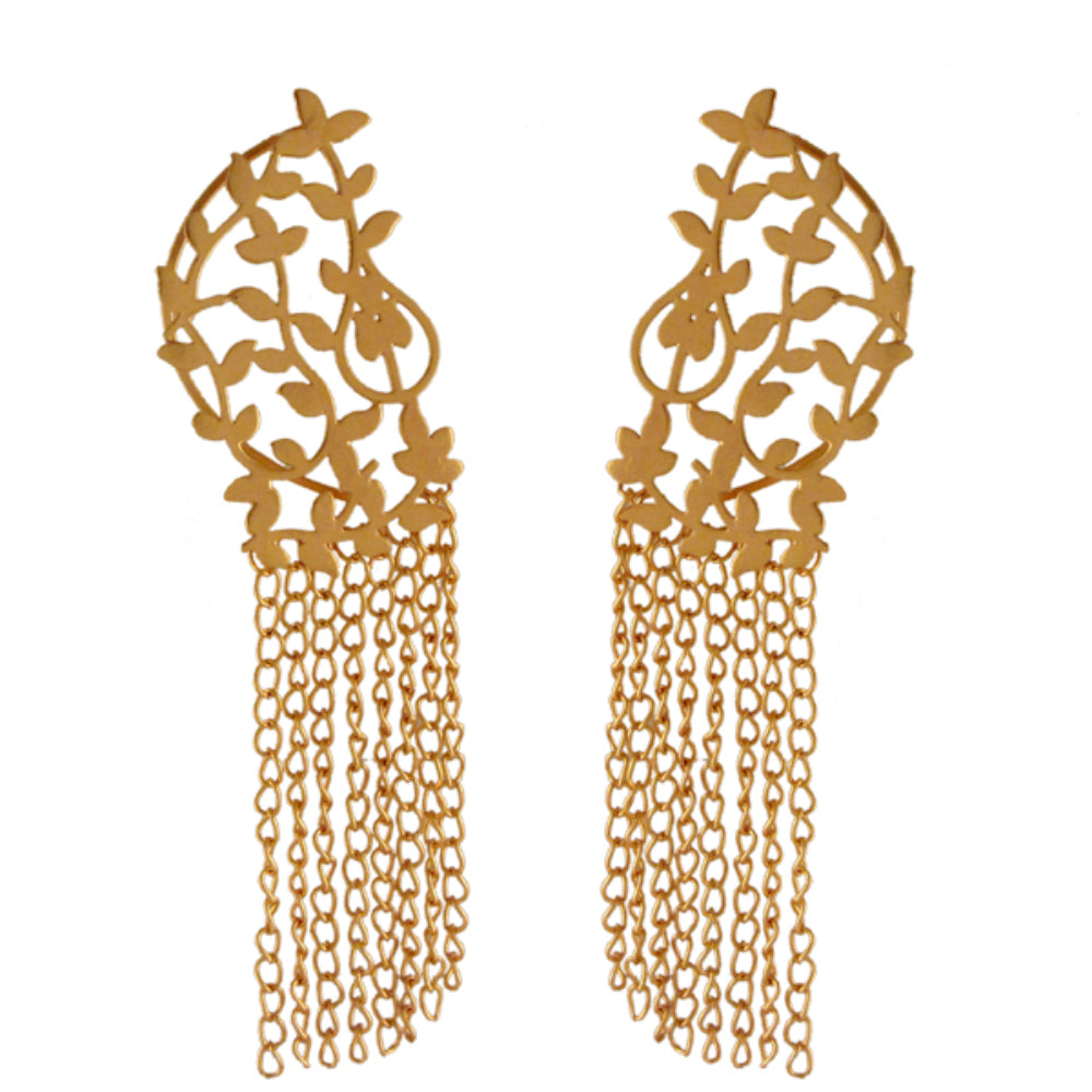GOLD PLATED FOLIAGE EARCUFF WITH CHAINS HANGING