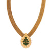 Gold coin neckpiece with teardrop pendant and green crystals