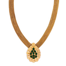 Load image into Gallery viewer, Gold coin neckpiece with teardrop pendant and green crystals
