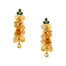 Load image into Gallery viewer, Gold coin cluster earrings with green crystals
