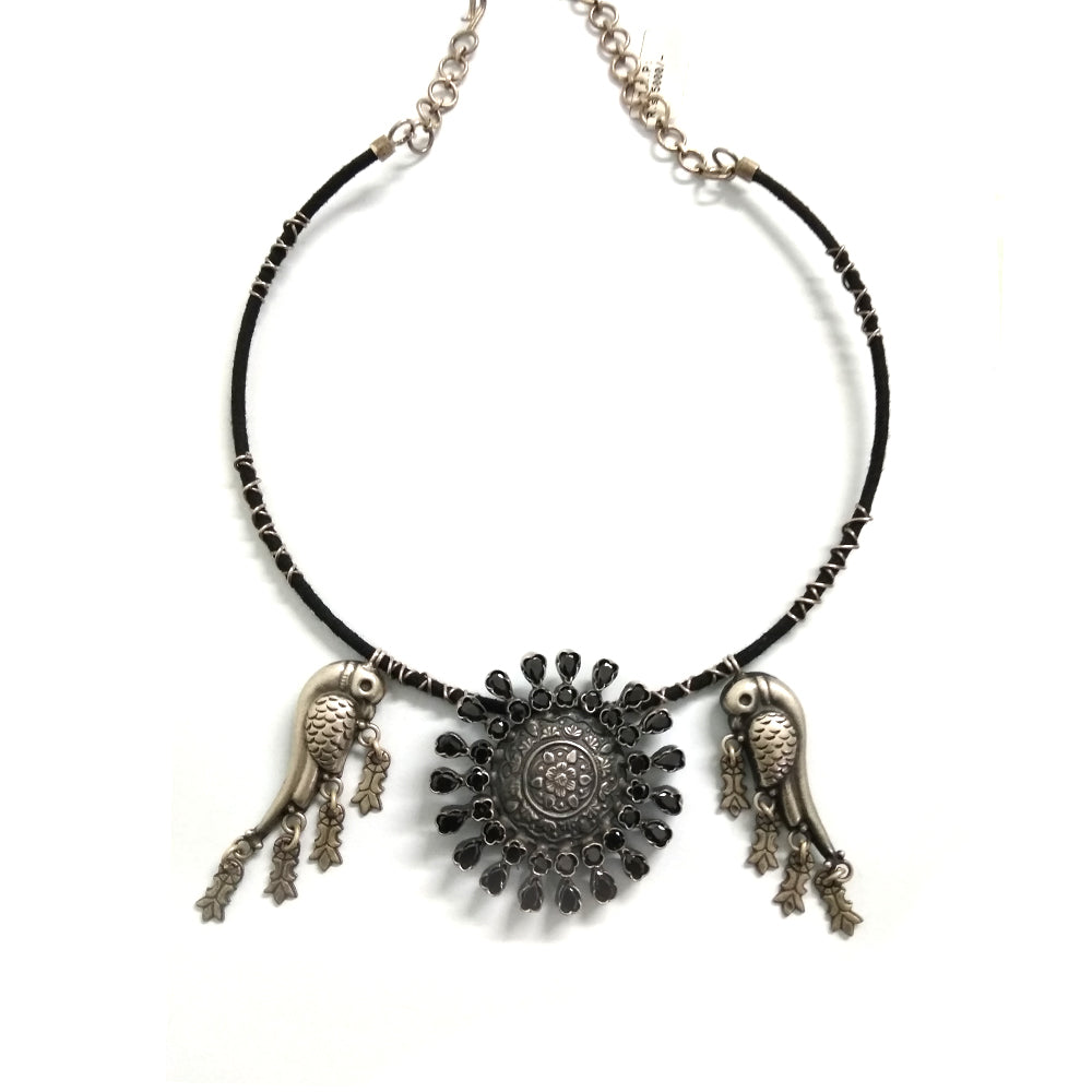 Oxidized Silver Collar Necklace with Parrots and Black Crystal Pendant