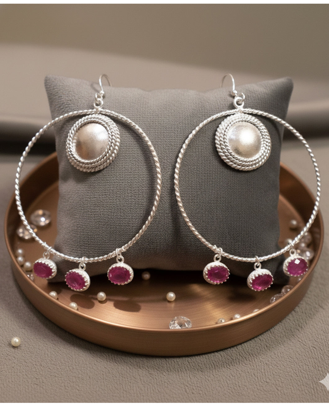Silver Hoop Earrings with Magenta Crystals