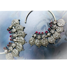 Load image into Gallery viewer, Oxidised Silver Coin Half Bali Earrings with Red Crystals Worn By Shilpa Shetty

