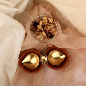 Gold plated metal diya duo encompassed by earthy terracotta