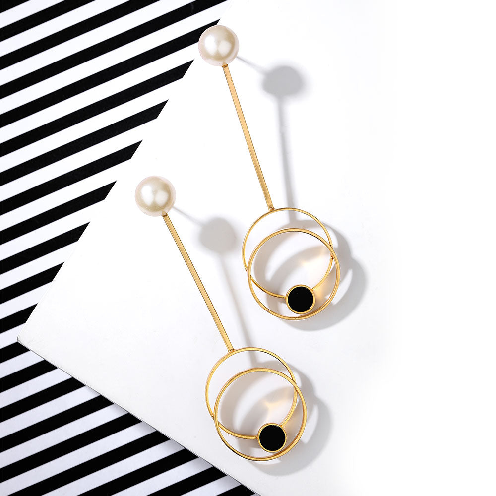 Gold Toned Circle On Circle Pendulum Earrings With Black Perspex & Pearl Detail