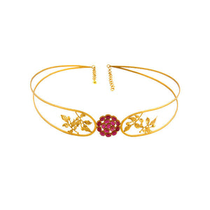 Gold Toned Droplet & Rose Vine Kamarbandh With Crystal Pendant