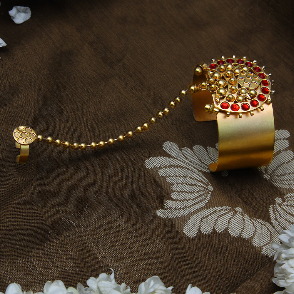 Gold Chandra Hathphool with Red Crystals