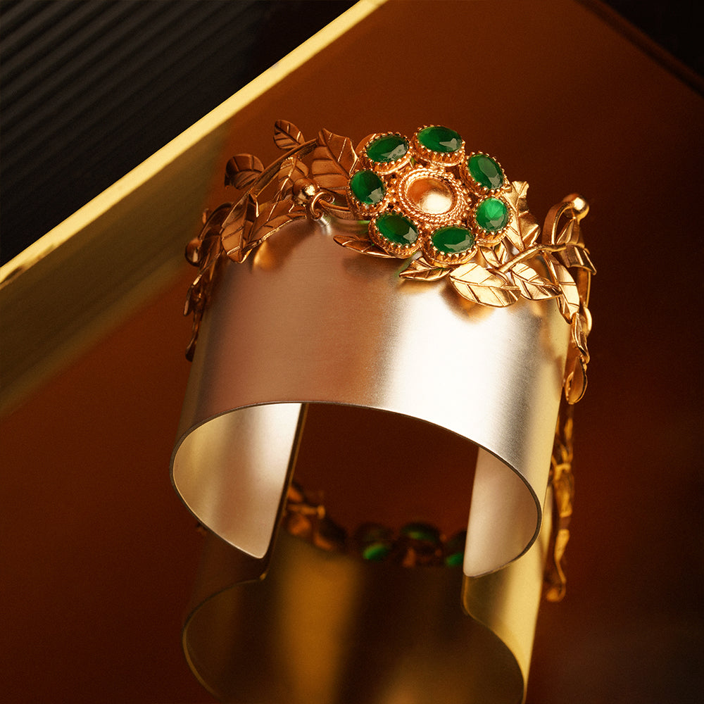 Silver & Gold Broad Foliage Cuff with Green Crystals