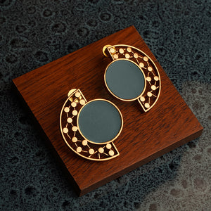 GOLD TONED CIRCULAR CYAN ACRYLIC STUDS WITH DOTTED ARC