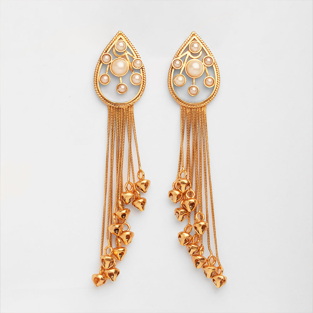 GOLD PLATED CLUSTER PEARLS & AC DROP EARRING WITH TASSEL CHAIN GHUNGROO
