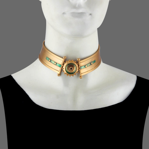 GOLD PLATED CHOKER WITH DOTTED DOME AND GREEN ENAMEL