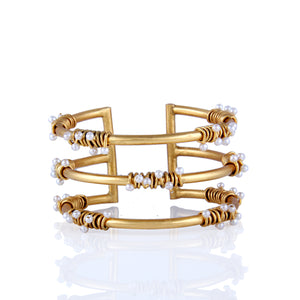 GOLD PLATED 3 LINE WIRE CUFF WITH WRAPPER PEARLS