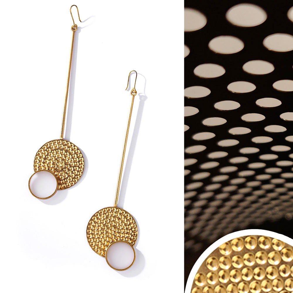 Gold Toned Acrylic Disc Pendulum Earrings With Beaten Metal Detail