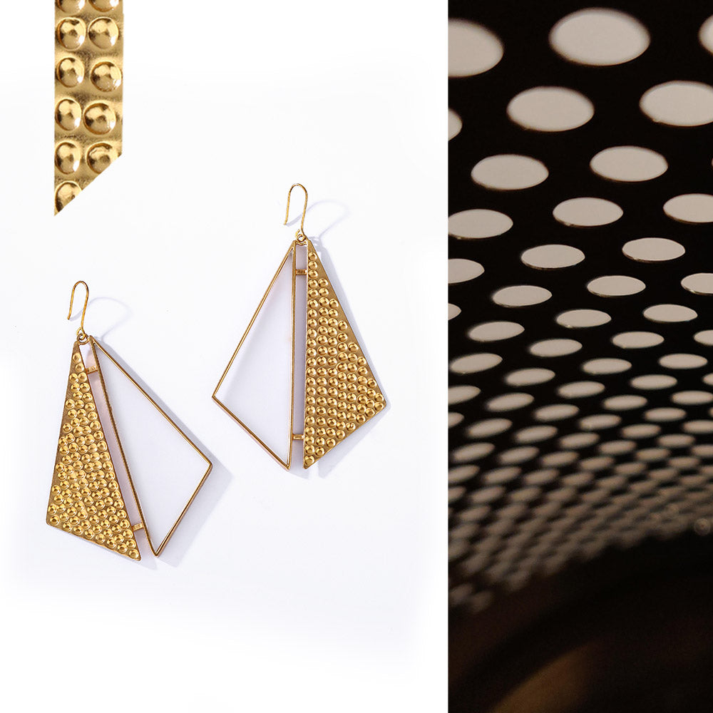 Gold Toned Double Triangle Acrylic Drop Earrings With Beaten Metal Detail