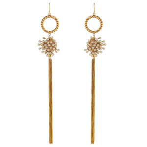 GOLD PLATED TWISTED RING, WIRE PEARL AND TASSEL LONG EARRING