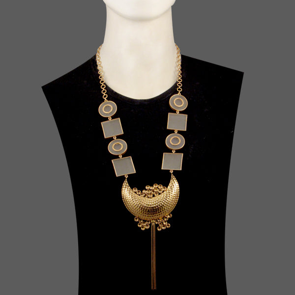GOLD PLATED ROUND & SQUARE ACRYLIC LONG NECKPIECE WITH BEATEN MOON, PODS AND TASSEL