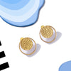 Gold Toned Acrylic Disc Stud Earrings With Beaten Metal Detail