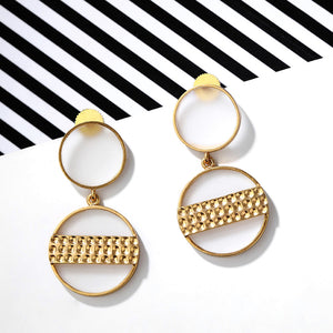 Gold Toned Double Acrylic Disc Drop Earrings With Beaten Metal Detail