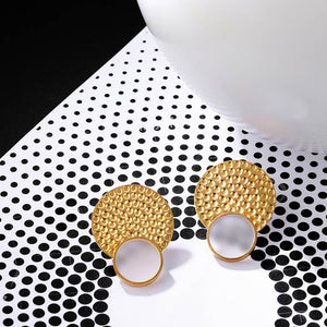 Gold Toned Double Circle Acrylic Stud Earrings With Beaten Metal Detail