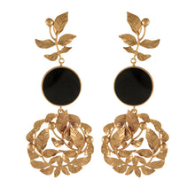 Load image into Gallery viewer, GOLD PLATED SERRATE LEAVES &amp; BLACK AC COIN LONG EARRING WORN BY TAMMANA BHATIA
