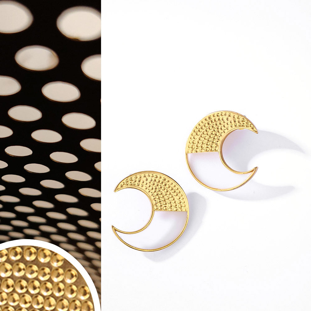 Gold Toned Crescent Acrylic Stud Earrings With Beaten Metal Detail