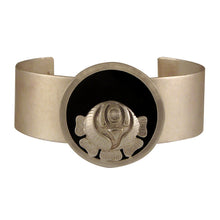Load image into Gallery viewer, SILVER PLATED THIN CUFF WITH BLACK AC AND ROSE COIN ON CENTER

