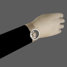 Load image into Gallery viewer, SILVER PLATED THIN CUFF WITH BLACK AC AND ROSE COIN ON CENTER
