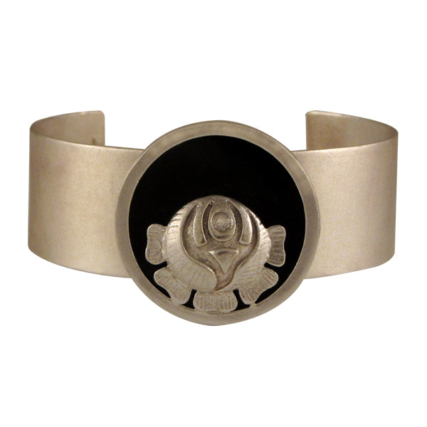 SILVER PLATED THIN CUFF WITH BLACK AC AND ROSE COIN ON CENTER