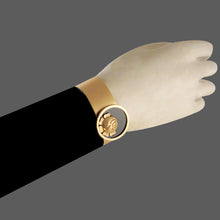 Load image into Gallery viewer, GOLD PLATED THIN CUFF WITH BLACK AC AND ROSE COIN ON CENTER
