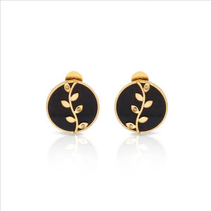 GOLD PLATED BLACK AC ROUND EARRING WITH VEIN & LEAVES ON IT