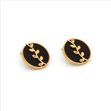 Load image into Gallery viewer, GOLD PLATED BLACK AC ROUND EARRING WITH VEIN &amp; LEAVES ON IT
