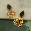GOLD PLATED BLACK AC DROP AND ROUND SERRATE LEAVES EARRING