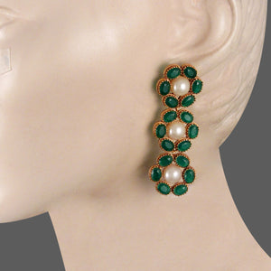 GOLD PLATED 3 LEVEL OVAL GREEN XTLS FLOWER AND HALF PEARL EARRING